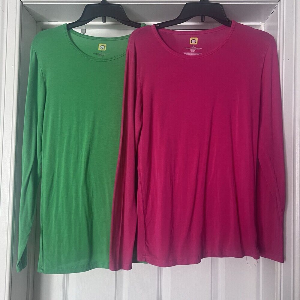Lot of 2 Wonder Wink Under Scrub Shirts Women's M Long Sleeve Pink Green